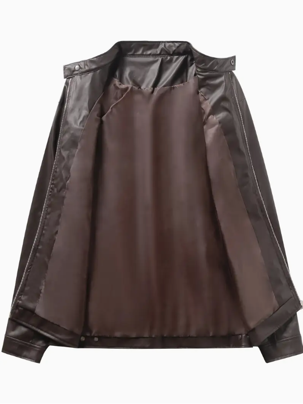 Casual Leather Jacket with Stand Collar
