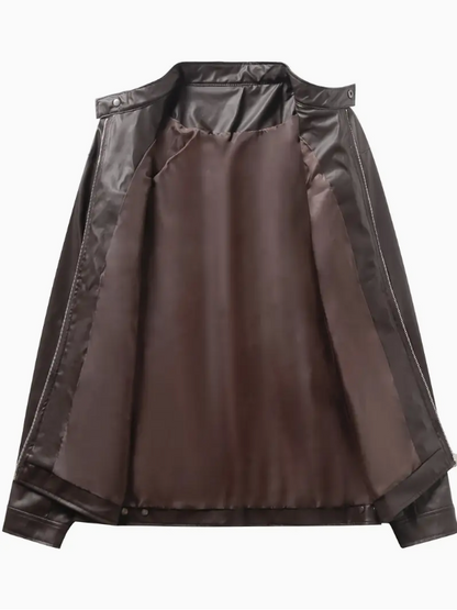 Casual Leather Jacket with Stand Collar