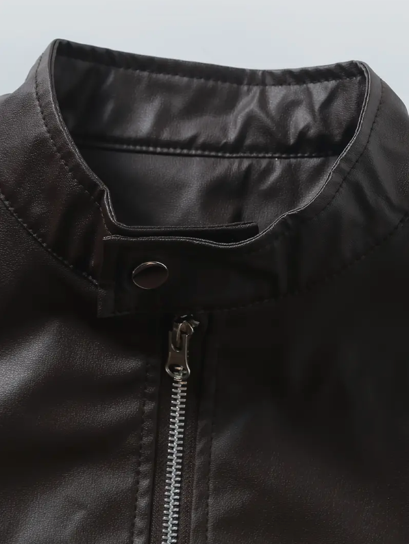 Casual Leather Jacket with Stand Collar