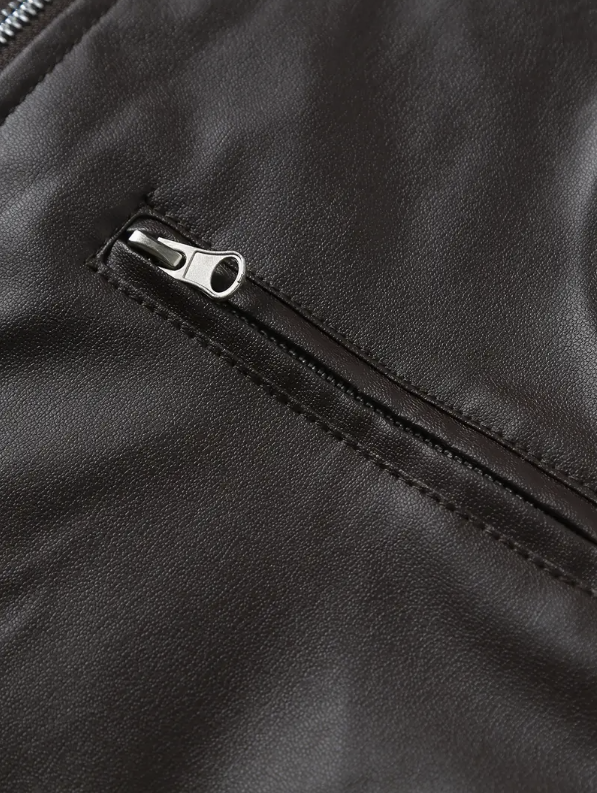 Casual Leather Jacket with Stand Collar