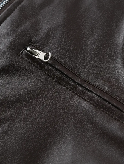 Casual Leather Jacket with Stand Collar