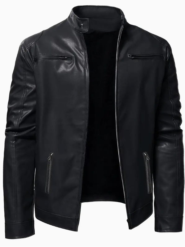 Casual Leather Jacket with Stand Collar