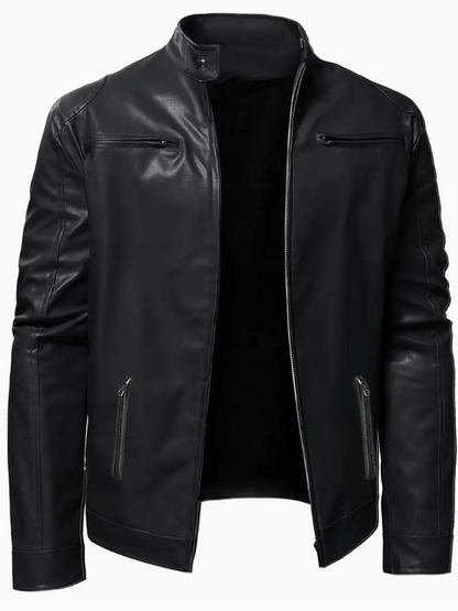 Casual Leather Jacket with Stand Collar