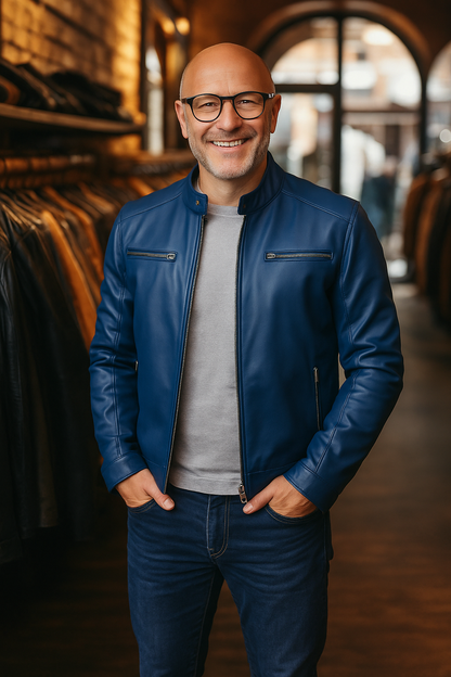 Casual Leather Jacket with Stand Collar